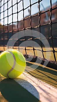 Close of tennis ball on white line near net