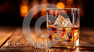 Close to the camera, a glass of whiskey with ice on a wooden table on a black background.