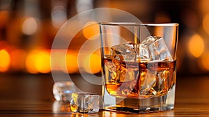 Close to the camera, a glass of whiskey with ice on a wooden table on a black background.