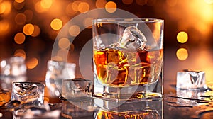 Close to the camera, a glass of whiskey with ice on a wooden table on a black background.