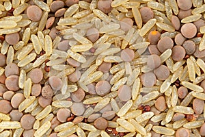 Close top view of rice and lentils dry food mix