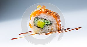 Close-uo Philadelphia roll sushi with soy sauce