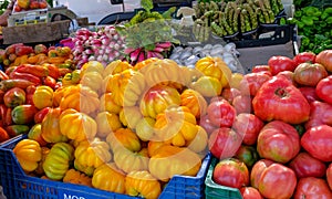 Close uo of plum tomatoes, cherry tomatoes, asparagus