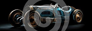 Close-Up of a 1920s Blue and Black Antique Car on Black Background