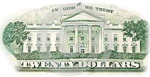 Close-up 20 US dollar banknotes, reverse side twenty dollar banknote depicting white house. Cash exchange currency.