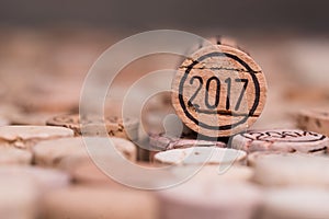 Close up of 2017 vintage new year wine cork with copyspace