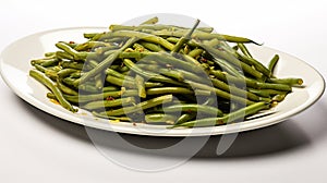 Close up 3/4 view of spicy szechuan green beans on white plate and wood surface. Generative AI