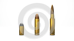 Close up 3 different category gun bullets mock up