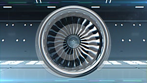 Close-up 3d Animated of Digitalization Turbine Jet Engine or Futuristic Airplane