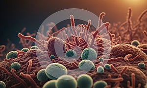 Close up 3d microscopic bacteria. Background created by artificial intelligence