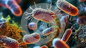 Close-up of 3D microscopic bacteria in the body. Medical concept of scientific research in bacteriology