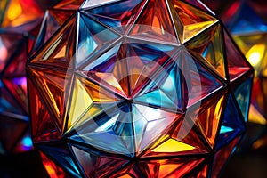 A close up of a 3D polyhedral prism displaying vibrant, shifting colors