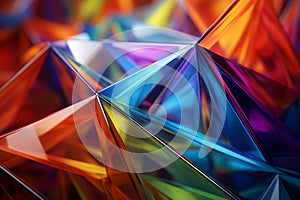 A close up of a 3D polyhedral prism displaying vibrant, shifting colors