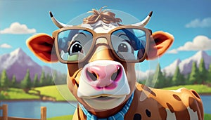 A close-up 3D render of a cow\'s face, adorned with charming cartoon-style glasses, exuding an adorable funny character