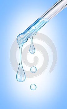 Close up 3d rendering yellow oil a cosmetic pipette on blue gradient background. Drops of cream with shiny highlights, a