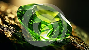 A close-up 4K shot of a vibrant, green peridot gemstone in all its glory
