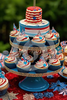 close-up of a 4th of july themed cupcake display