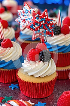 close-up of a 4th of july themed cupcake display