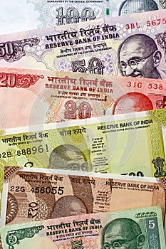 Close-up of 5, 10, 20, 50 and 100 rupees notes