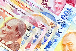 Close up of 5, 10 , 50 and 100 Turkish Lira