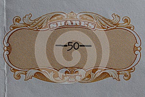 Close up of 50 shares stock certificate