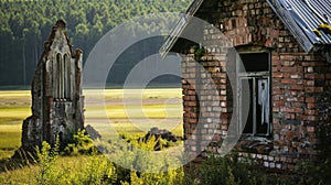 A close up on an abandoned hut, shack, or house made out of brick . Generative AI