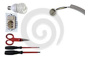 Close up from above of work tools and components for electrical installations, isolated on white background