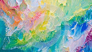 Close up abstract colorful gradient rainbow acrylic painting on canvas. Oil paint texture with brush strokes