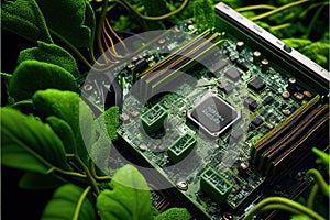 Close up of abstract electronic circuit board with green leaves. Green technology concept. Generative AI