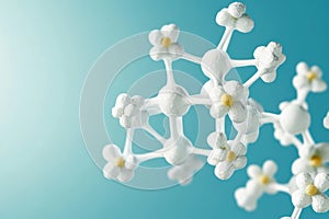 Close-Up of Abstract Molecular Structure with White Flowers on Blue Background.
