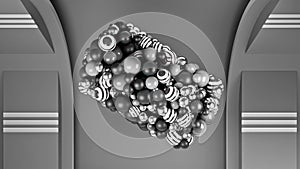 Close up of an abstract monochrome rotating 3D object in zero gravity. Animation. Many black and white moving small