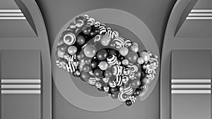 Close up of an abstract monochrome rotating 3D object in zero gravity. Animation. Many black and white moving small