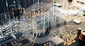 Digital Data Flowing Over Computer Circuit Board with Binary Code