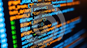 Close-up abstract view of computer code glowing with vibrant colors on a digital screen