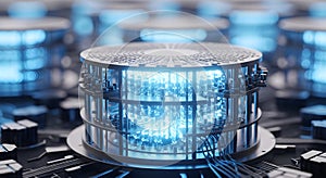 Futuristic Quantum Computer Core with Blue Glowing Circuits