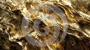 Close-up of an abstract wave with a flat surface, styled in glossy gold. Features photobashing, shiny reflective