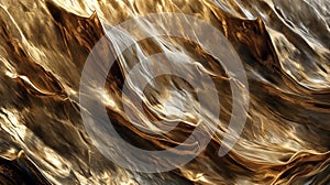 Close-up of an abstract wave in gold color, with a flat surface. Styled in photobashing, it\'s a shiny, detailed,