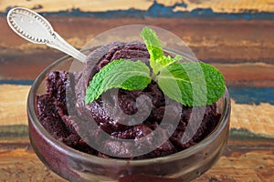 Close up of Acai pulp in glass with fresh mint