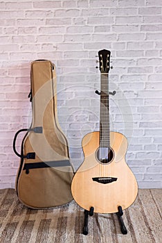 Close up of acoustic guitar, music concept
