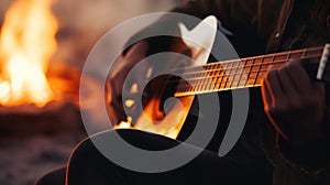 Close-up of an acoustic guitar in a musician's lap, blurred background of a bonfire