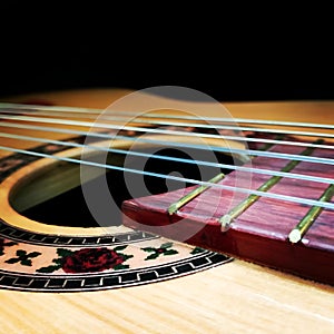 close up of an acoustic guitar and strings, on a dark background