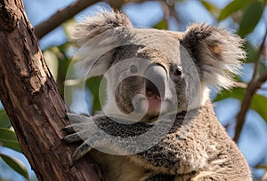 a koala marsupial perched on a tree trunk photo
