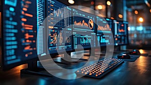 Close-up of advanced data dashboards showcasing real-time analytics, metrics, and visualizations in a modern digital