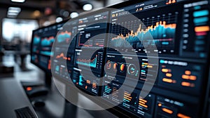 Close-up of advanced data dashboards showcasing real-time analytics, metrics, and visualizations in a modern digital