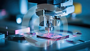 close-up of an advanced microfluidic printing machine creating small, high-tech chips on the surface of metal components in low-