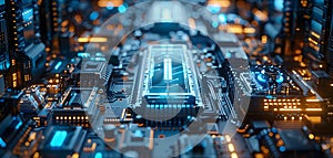 Close-up of Advanced Quantum Computer Circuitry With Glowing Elements