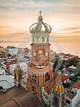 Close up aerial HDR image of our Lady of Guadalupe church in Puerto Vallarta, Mexico at sunset