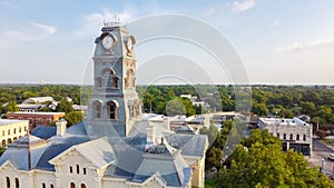 Close-up aerial view Clock Tower on Hood County Courthouse in Historic Granbury Square, Texas, USA