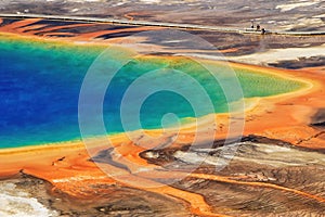 Close-up aerial view of Grand Prismatic Spring in Midway Geyser Basin, Yellowstone National Park, Wyoming, USA photo