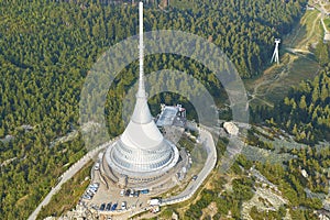 Close up aerial view of Jested tower transmitter near Liberec in Czechia